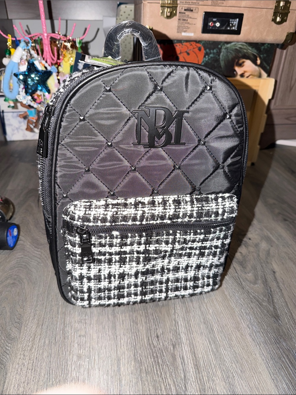 NWT Badgley Mischka Black and White Tweed Quilted Mini Backpack